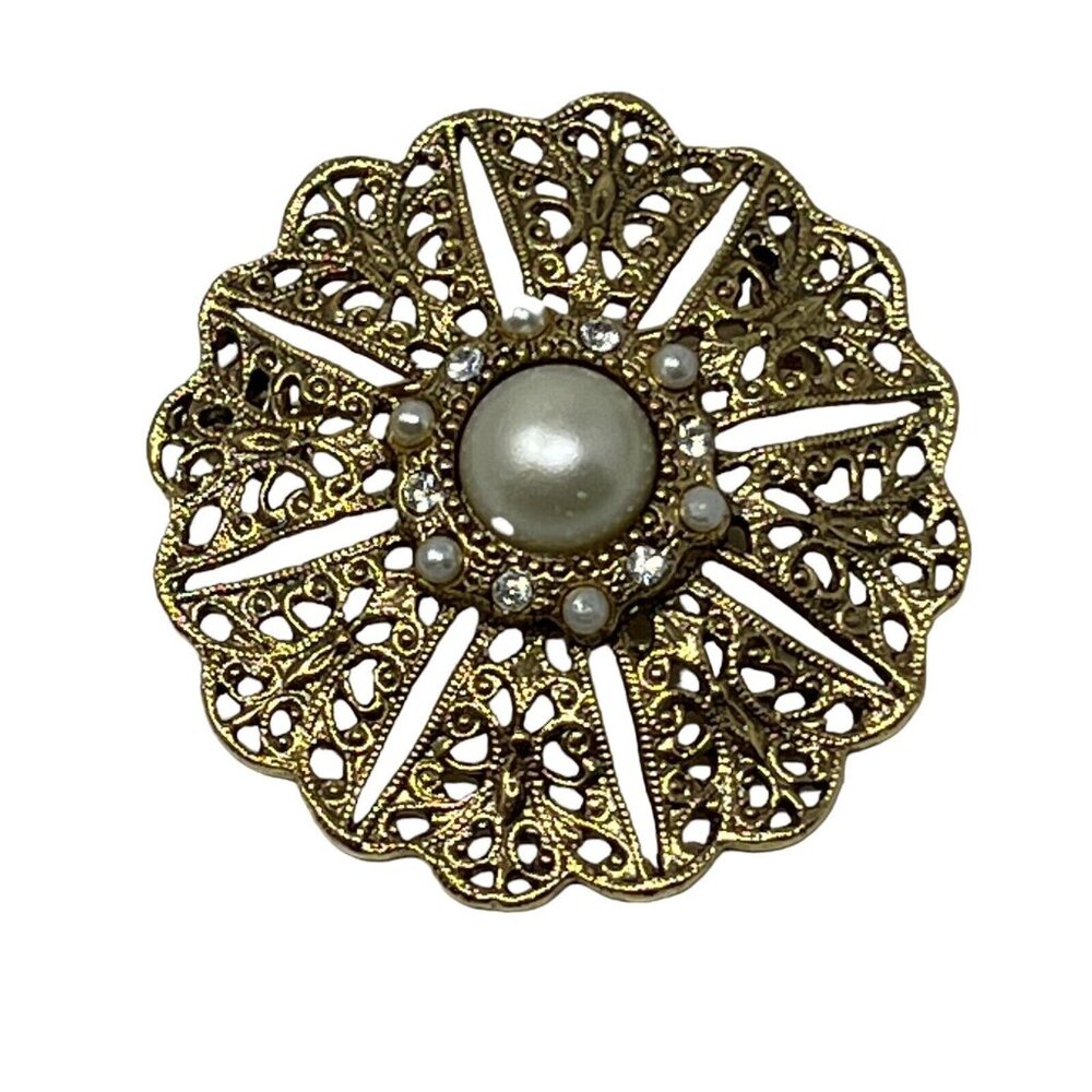 Vintage‎ Brooch Faux Pearls and Rhinstones Gold Tone Round Pin